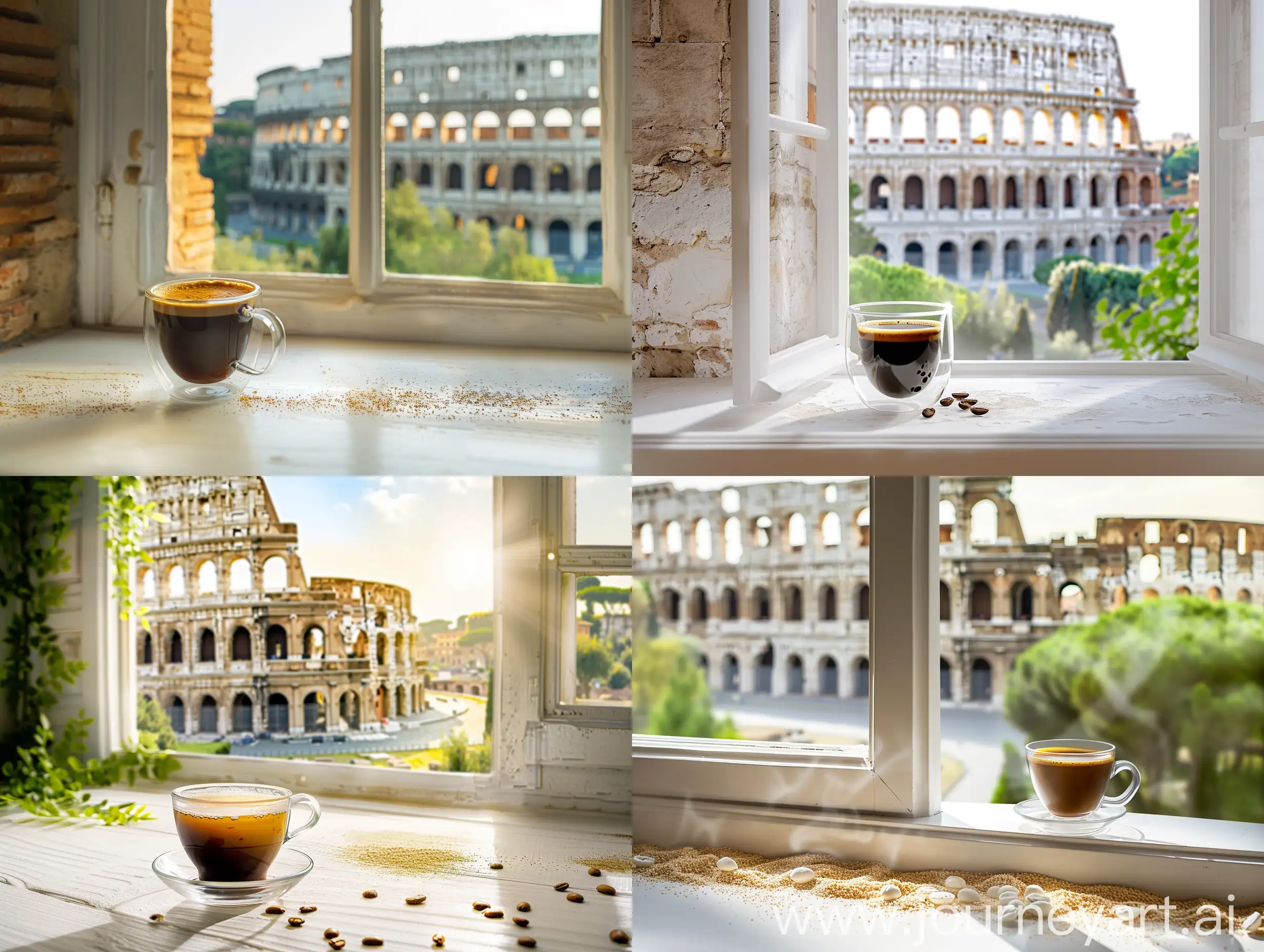 Рекламная фотография кофе в стеклянной чашке на белом красивом подоконнике открытое окно с видом на Колизей в Италии, вид спереди, студийная съемка с помощью цифровой зеркальной камеры Canon и микрообъектива IF-ED VR 105 мм f/2,8G, фотореалистичная, снимок с земли, естественное освещение, глубина резкости, макросъемка пейзажа — q 0,5 — s 250