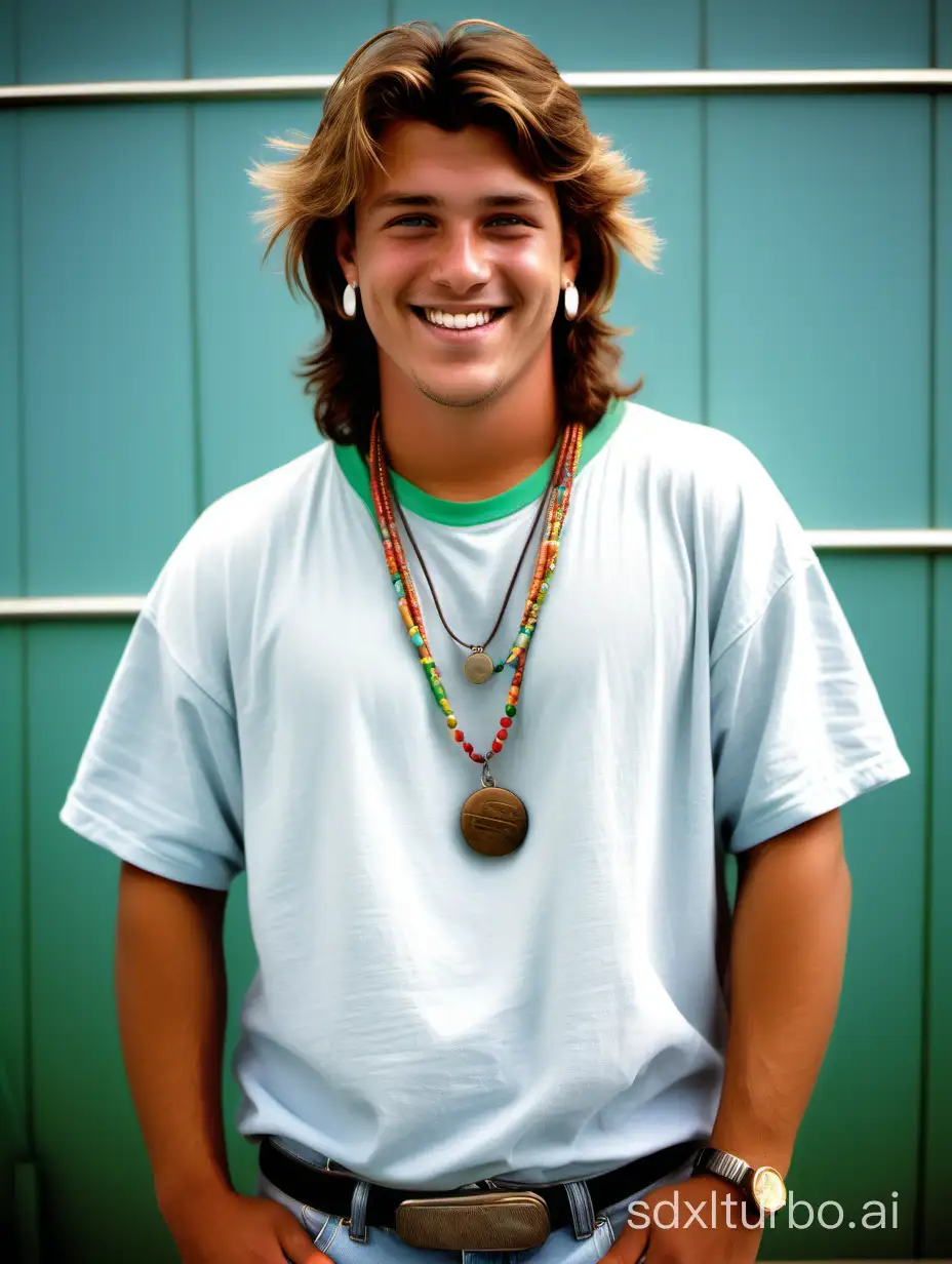 Young man with tanned skin, brown mullet hair, green eyes, white t-shirt, baggy blue jeans, earrings, accessorized with a surfer's necklace, chubby arms, endomorphic body, smiling mischievously.