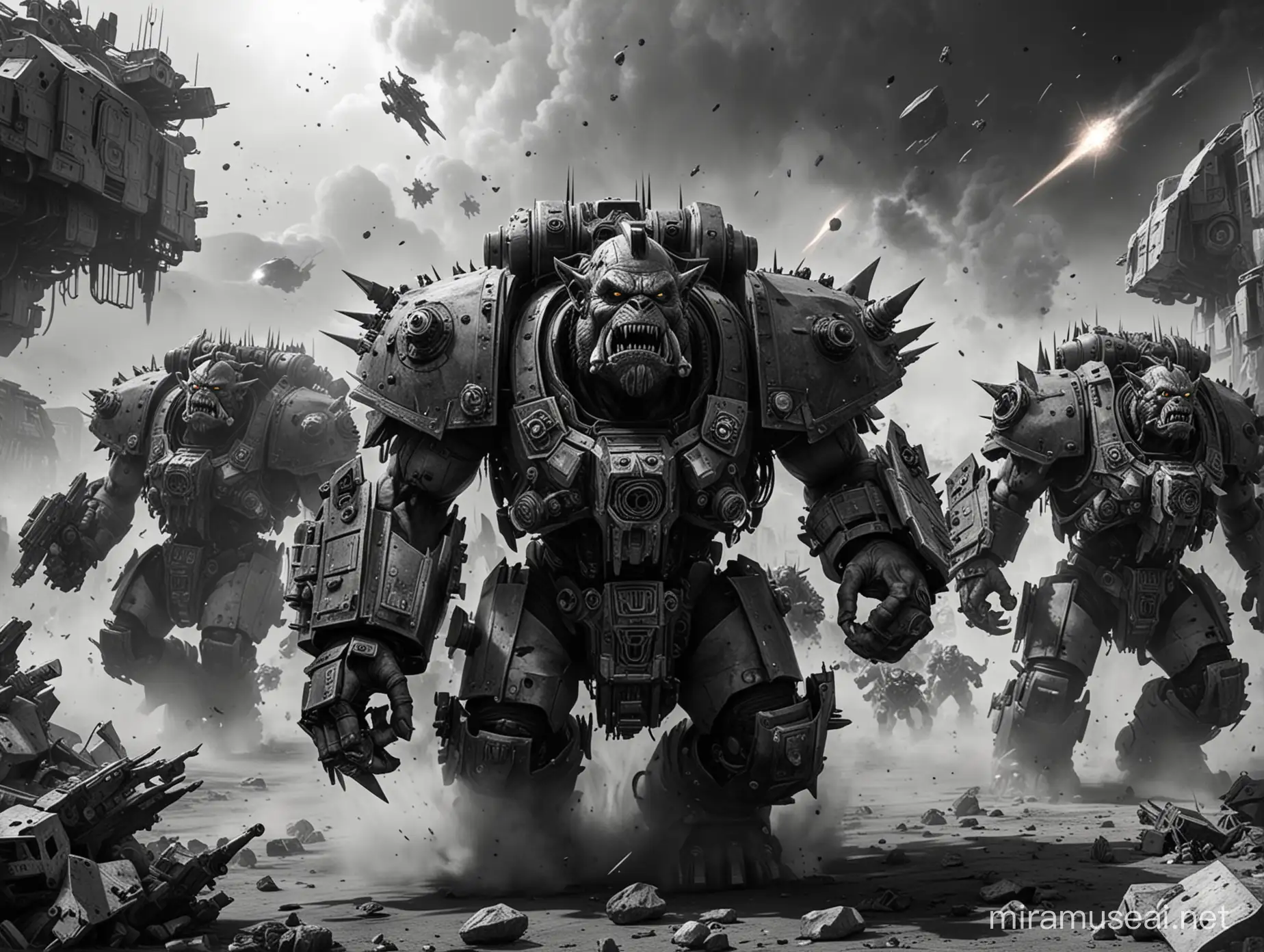 a legion of space orks coming out of vehicles in a sci-fi universe. they're angry. black and white
