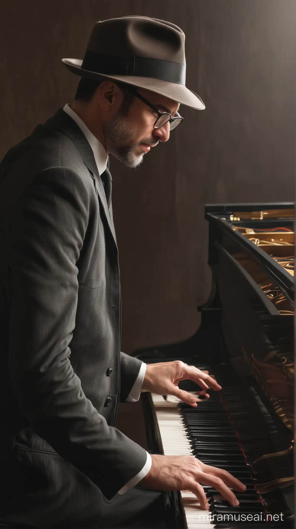 46 year old man, wearing glasses, wearing a fedora hat, playing the grand piano while singing sadly, facing the audience in front, full body, details.