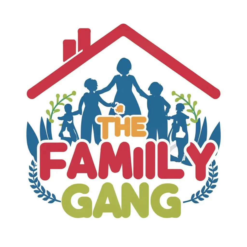 logo, a house in which family is outside in garden for gathering, with the text "The family gang", typography, be used in Home Family industry