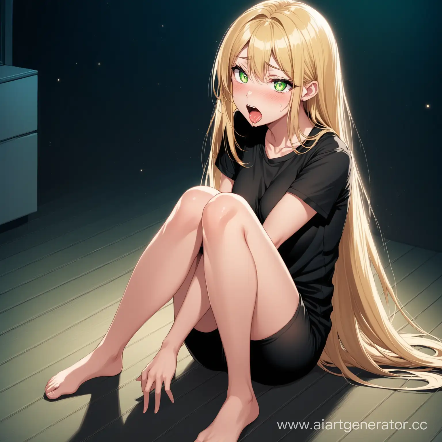 girl has a beautiful appearance, long straight blonde hair and big green eyes, She is wearing a black T-shirt and sitting on the floor on her knees, ahegao, night atmosphere