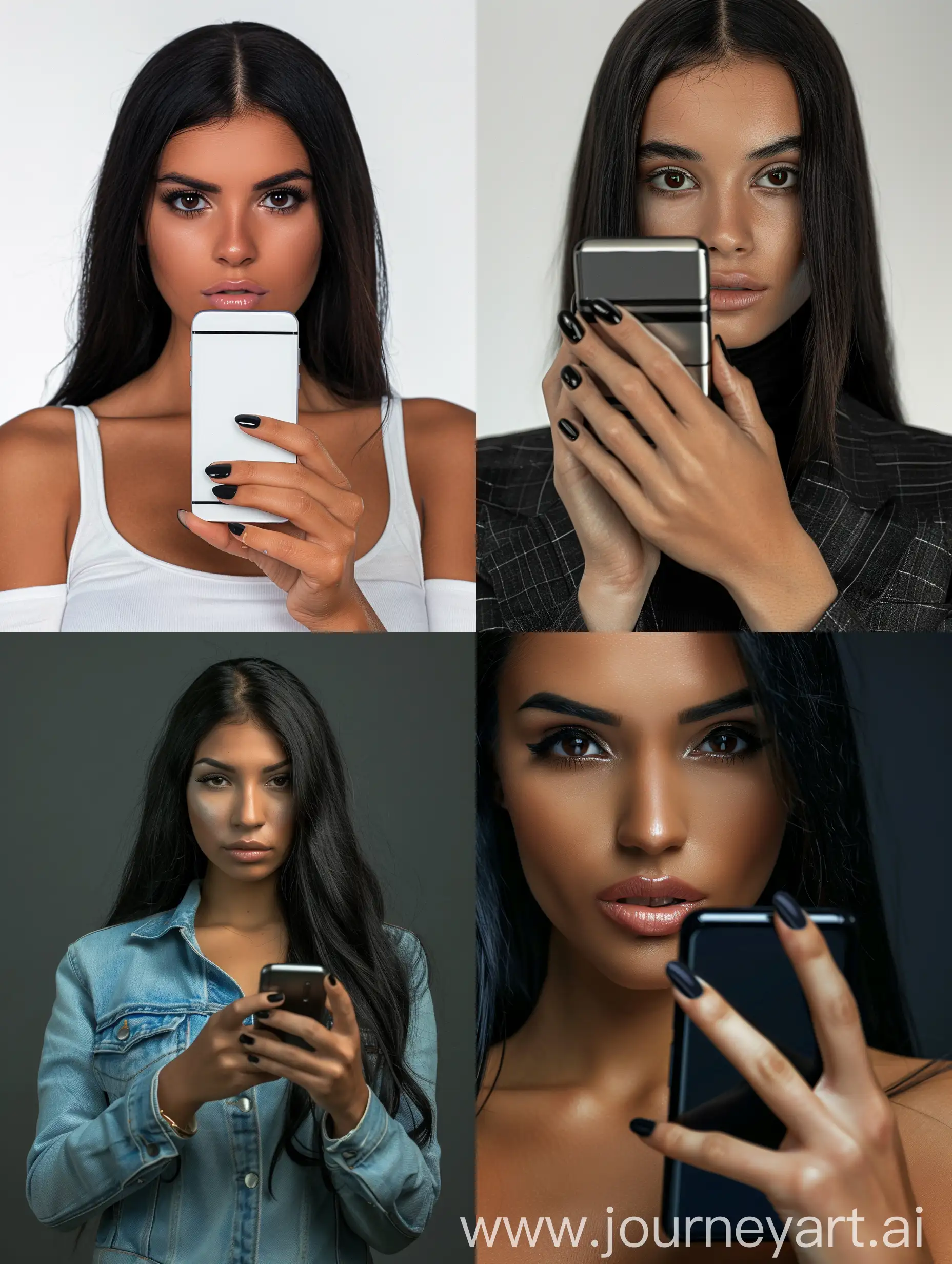 An attractive young Latina woman holding a cell phone. Her fingernails are painted black, and her facial expression is robotic and empty. 