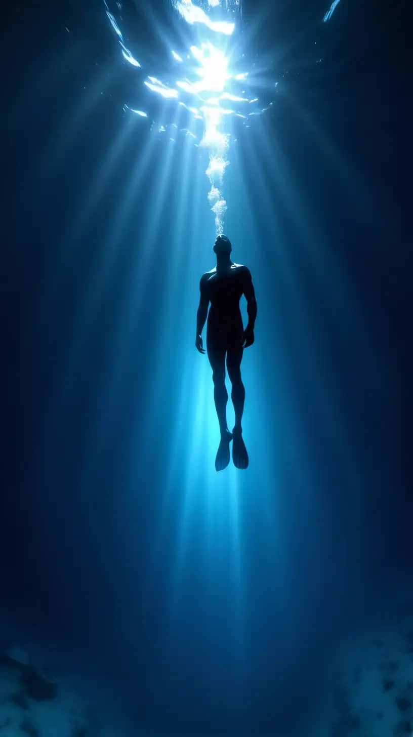 Male Free Diver Ascending from the Deep in Mysterious Blue Waters