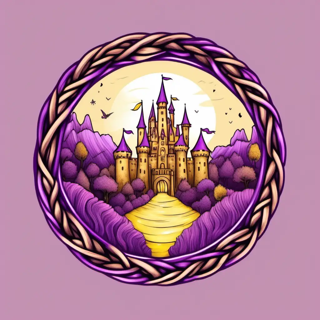 brown braid in a circle. fairytale castle in background. purple and yellow. magical, mystical, whimsical. logo. adventure. travel. 