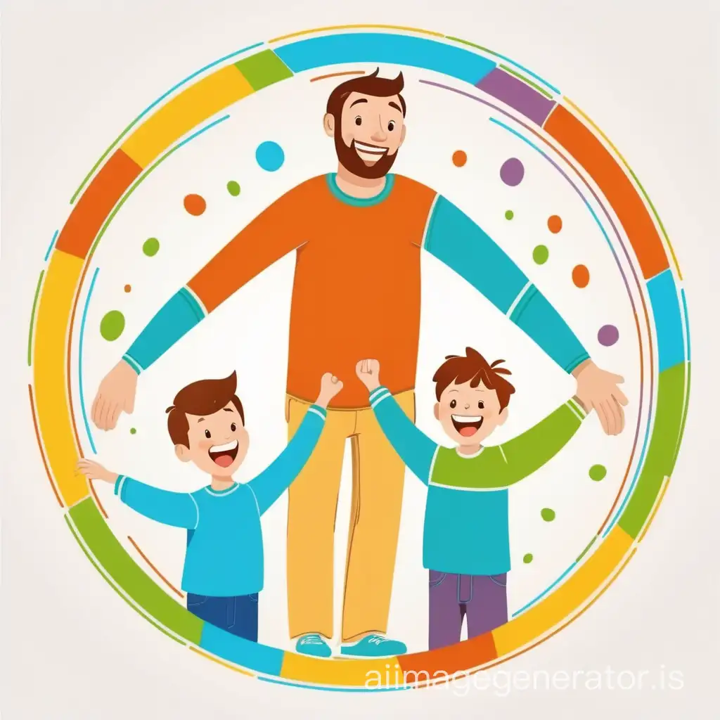 Cheerful 3 people: father and 2 sons, are inside a circle. Colorful