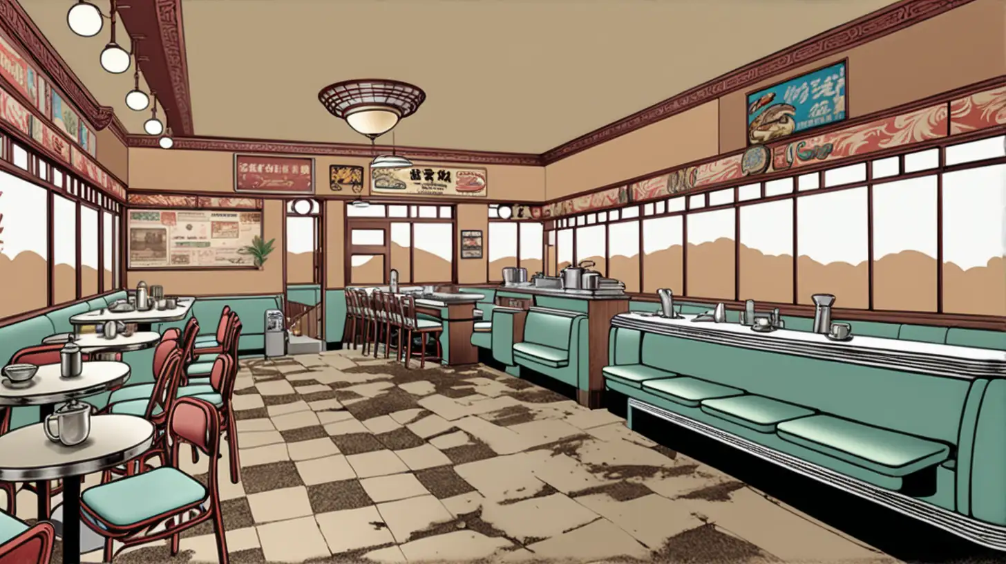 old abandoned asian-inspired diner, comic book style, in color, earth tones