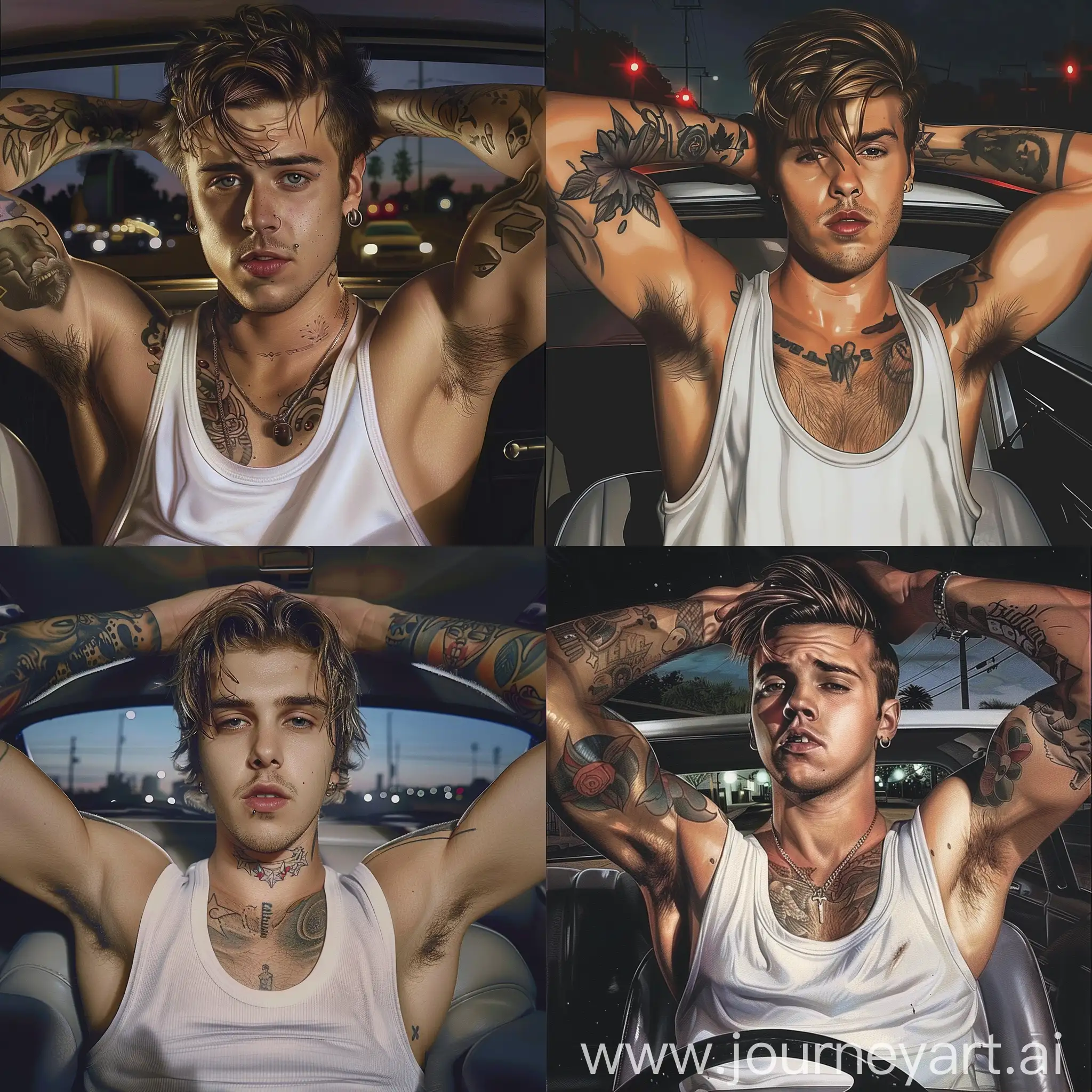 Realistic, Handsome fit Justin Bieber inside a car, good looking Justin Bieber wearing a white tank top with arms up showing hairy armpits, tattooed arms, tattooed neck, good looking young Justin Bieber face, night time background