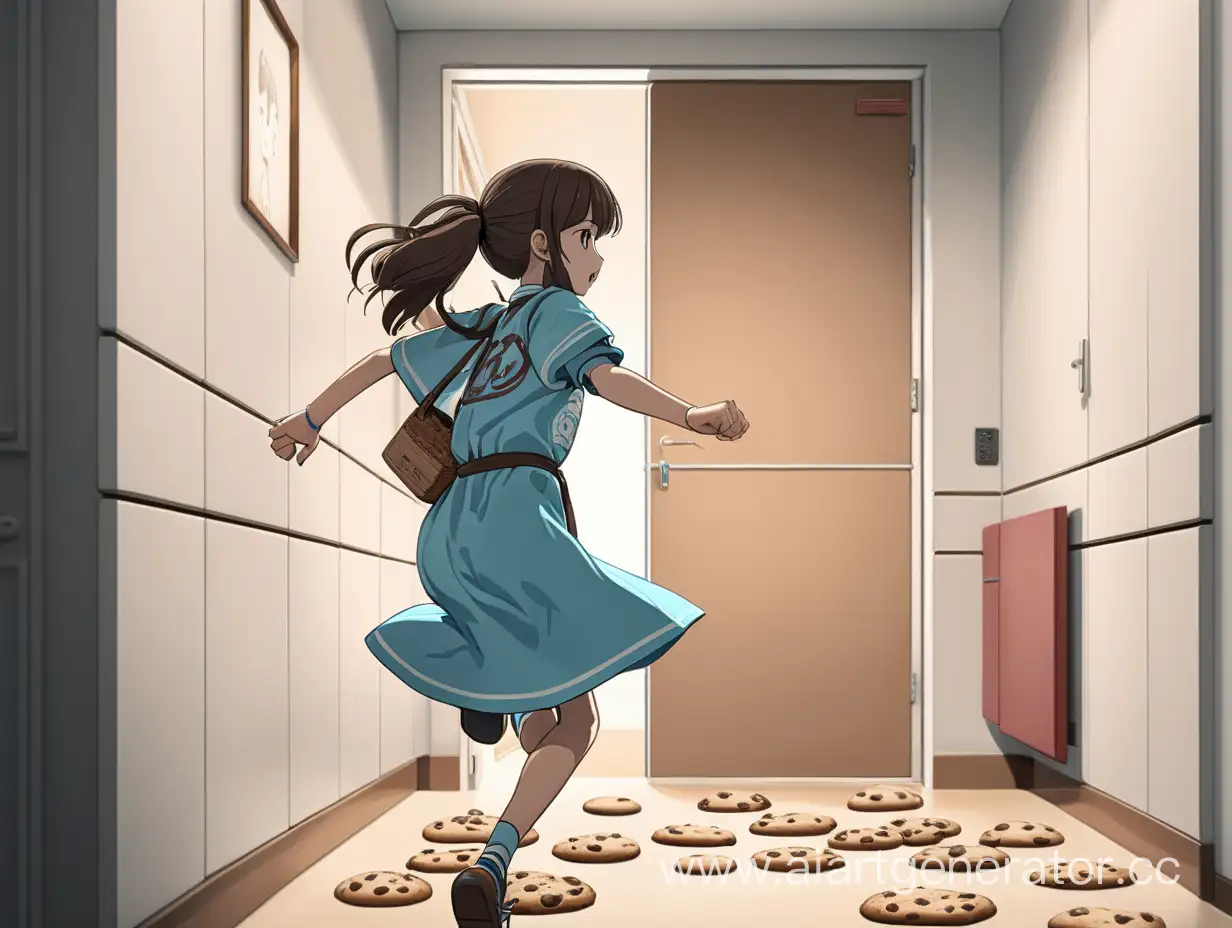 Девушка убегает из комнаты за печеньем. Вид сбоку. Аниме стиль

