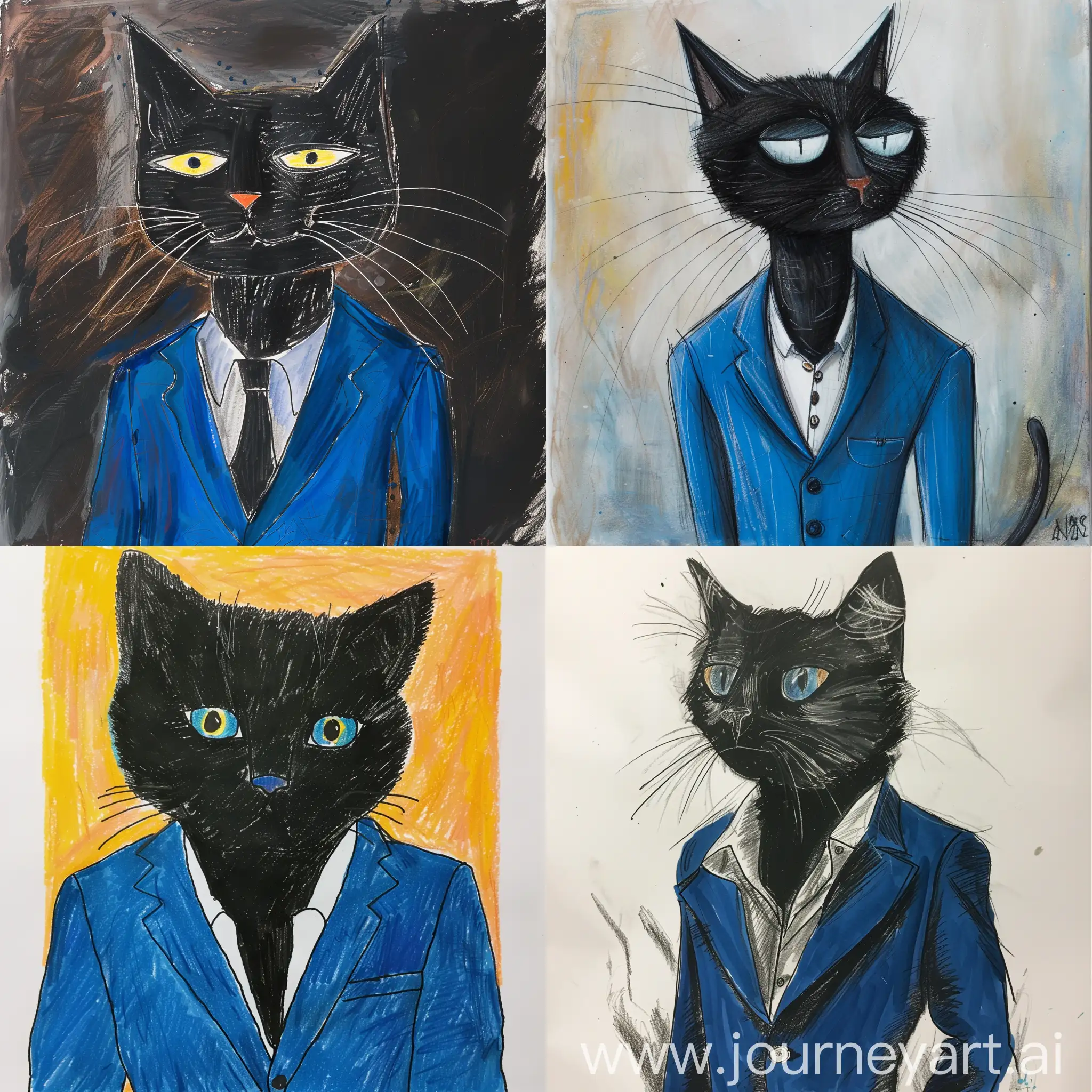 A child drawing style of a black cat as man in a blue suit