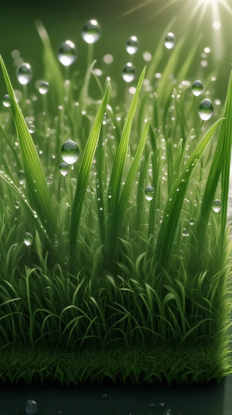 Depict a close-up, realistic view of freshly cut grass in the early morning, with dewdrops reflecting the sunlight. Each blade of grass should be finely detailed, and subtle green scents can almost be visualized as wavy lines in the air, suggesting the plant's distress signal make a gardenar cutting the grass .Hyper realistic

