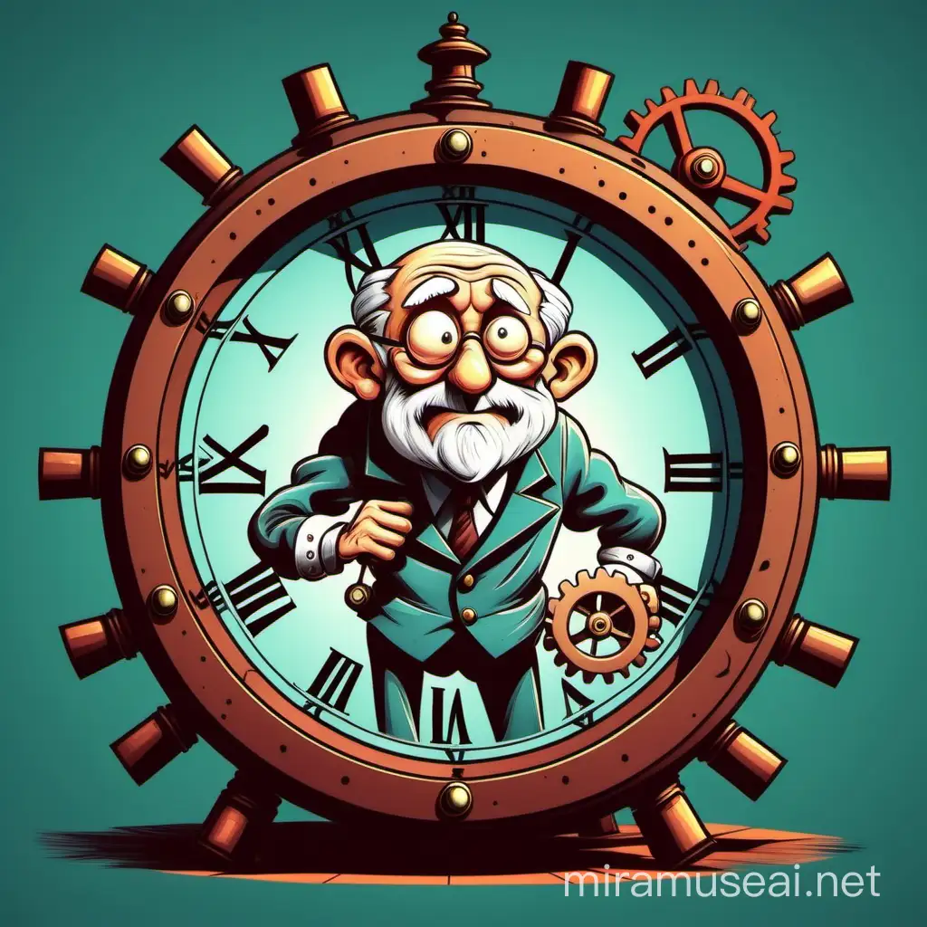 vintage cartoon style, old man who lives inside of a clock and fixes the gears