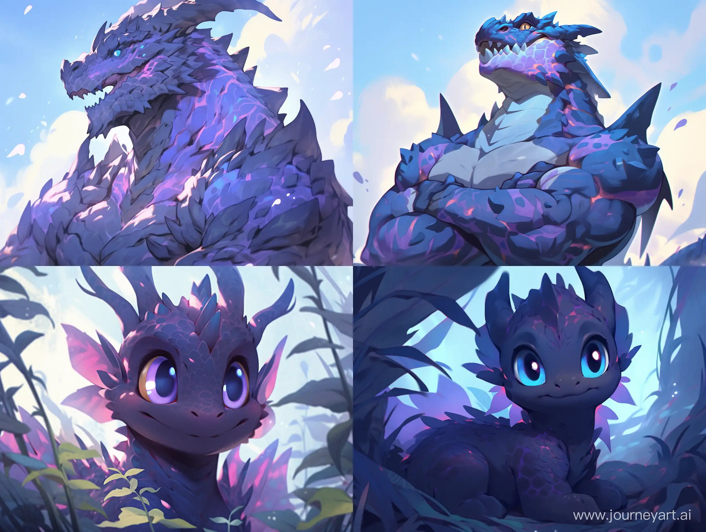 1purple dragon anthropomorphic and muscles, attractive face with smile, blue cold atmosphere, volumetric, rich and contrasting colors, OVOPACK cartoon art stylized --s 300 --niji 5
