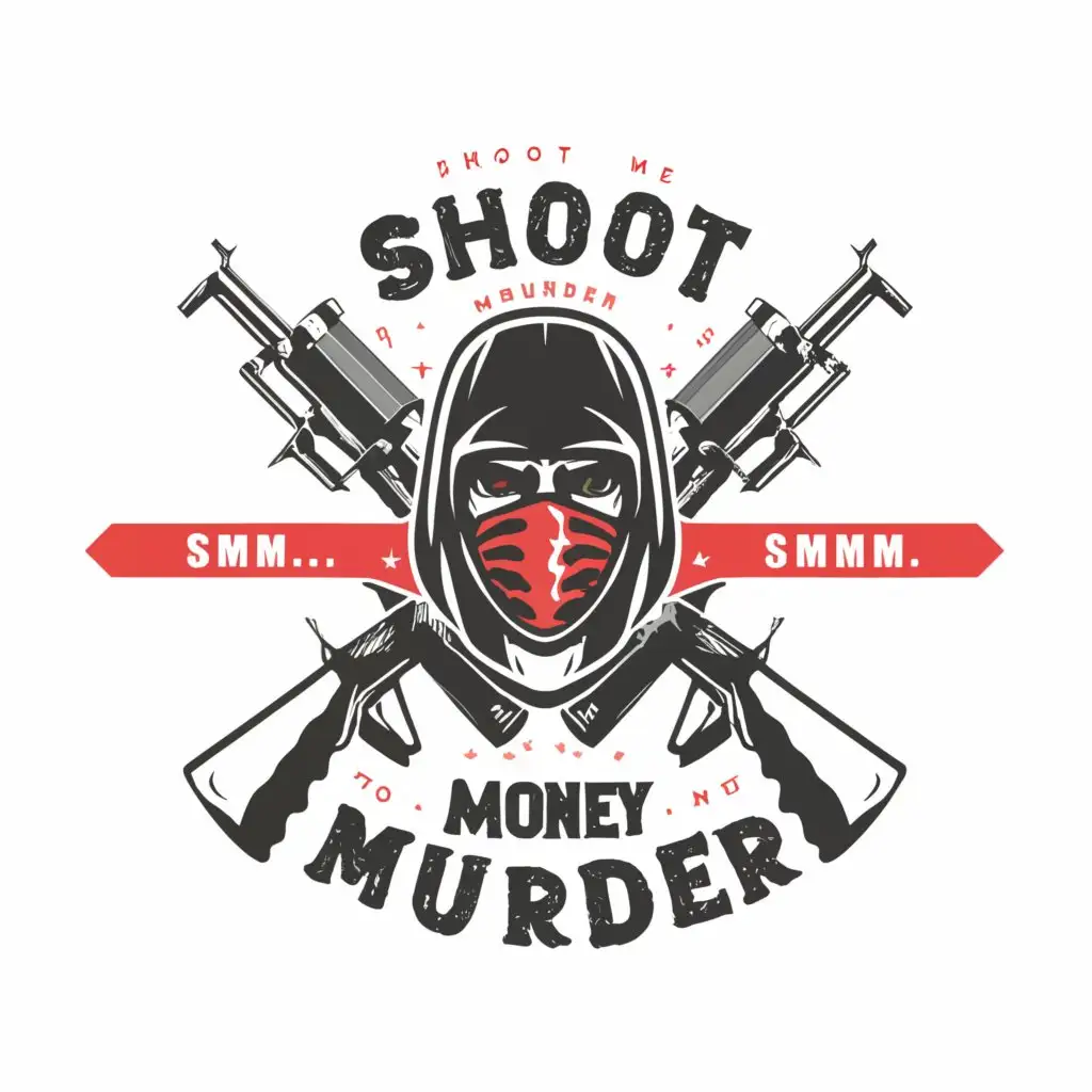a logo design,with the text "SMM Shoot, Money, Murder", main symbol:guns and balaclava face,Moderate,clear background