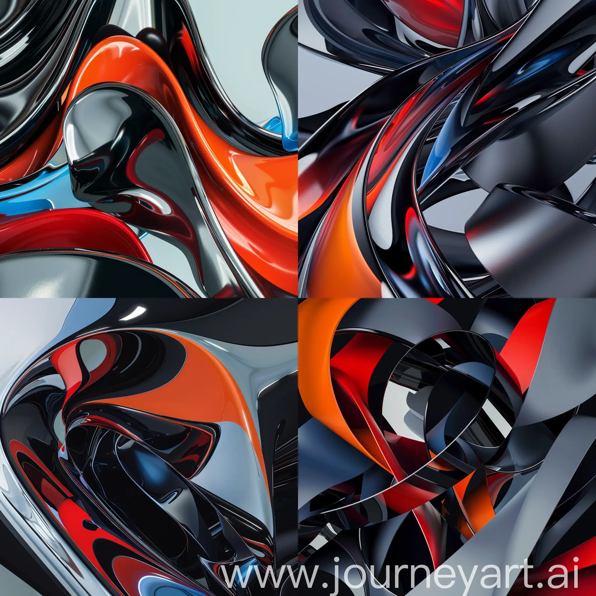 modern abstract design with red, black and blue colors, in 3d style, chrome highlights, intense close-ups, Naum Gabo, subtle tonal changes, dark silver and orange, details hyper realistic --v 6 --ar 1:1 --no 69643