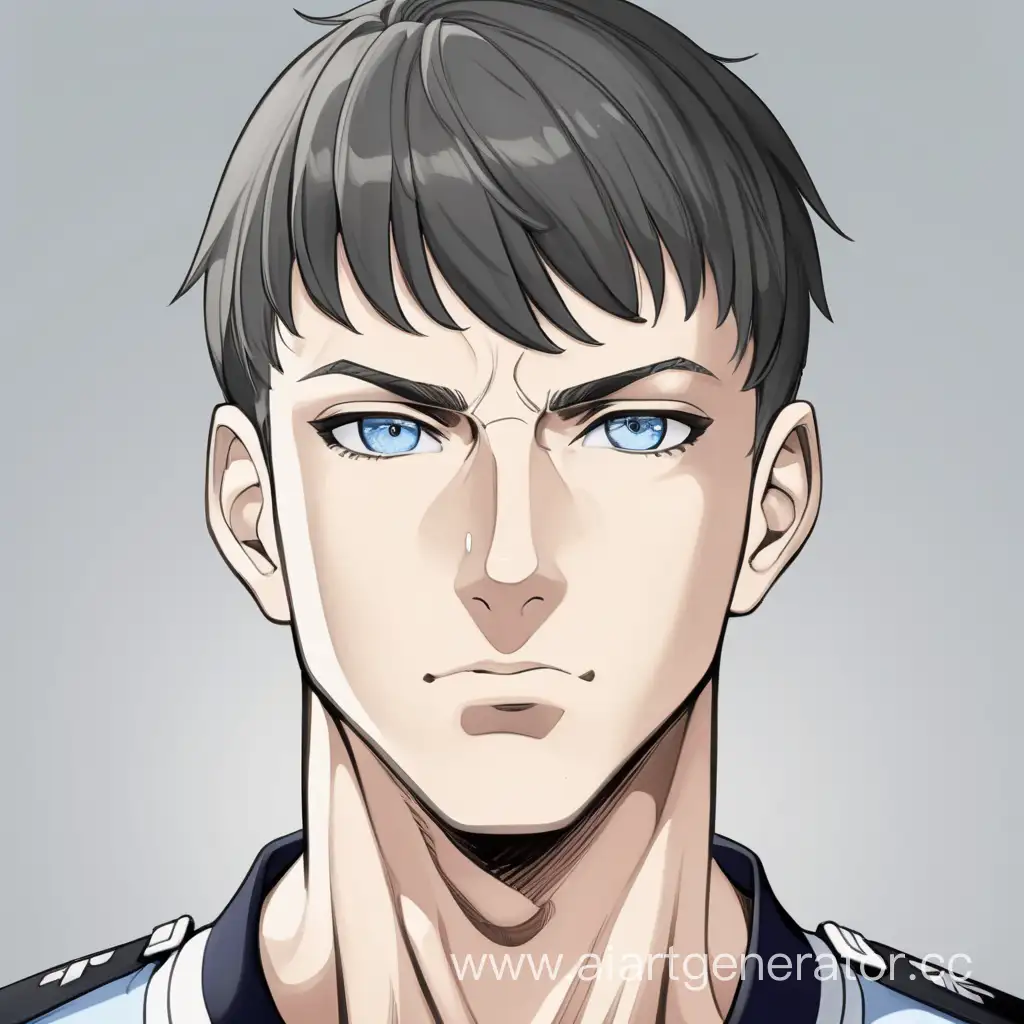 Athletic-Young-Man-in-Gray-Uniform-with-Striking-Blue-Eyes