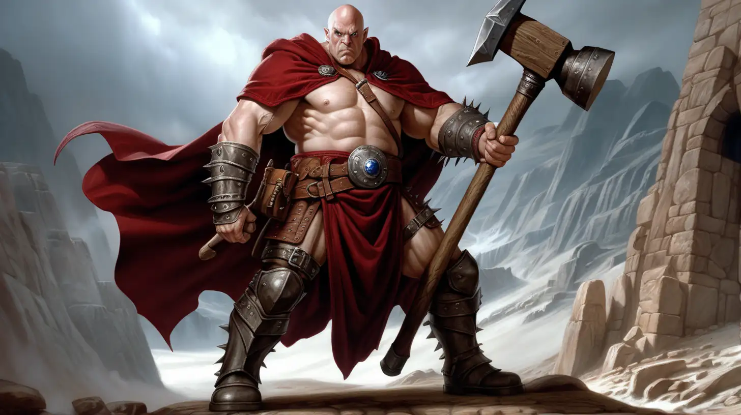 A goliath in the world of Dungeons and Dragons, wearing a deep red cloak, carrying a one large long hammer, his other hand is empty, with a hard look on his face, HD, photorealistic, very tall, strong build, no armor, deep blue eyes, bald head, very white skin, bulging arms, military boots, spikes on his gauntlets