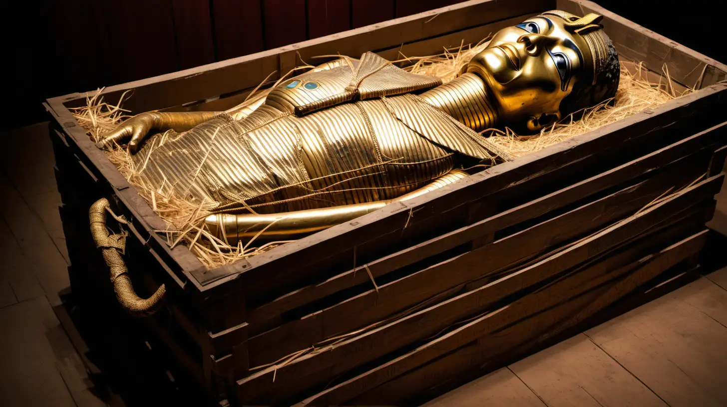 Elaborate Gold Egyptian Sarcophagus Unveiled in Dim Library