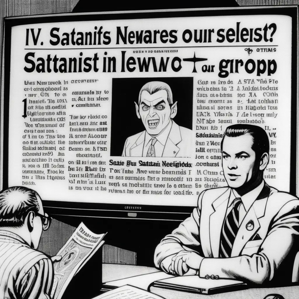 a TV newscaster reading a story about a group of Satanists; over his right shoulder is a picture of a pentagram; a news banner across the bottom of the screen says "Satanists in our neighborhoods!"