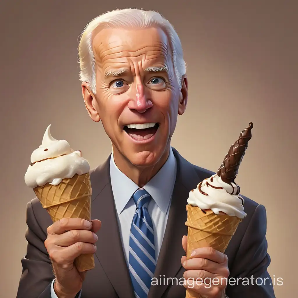 Cartoon caricature of Joe Biden with a chocolate ice cream cone in his left hand
