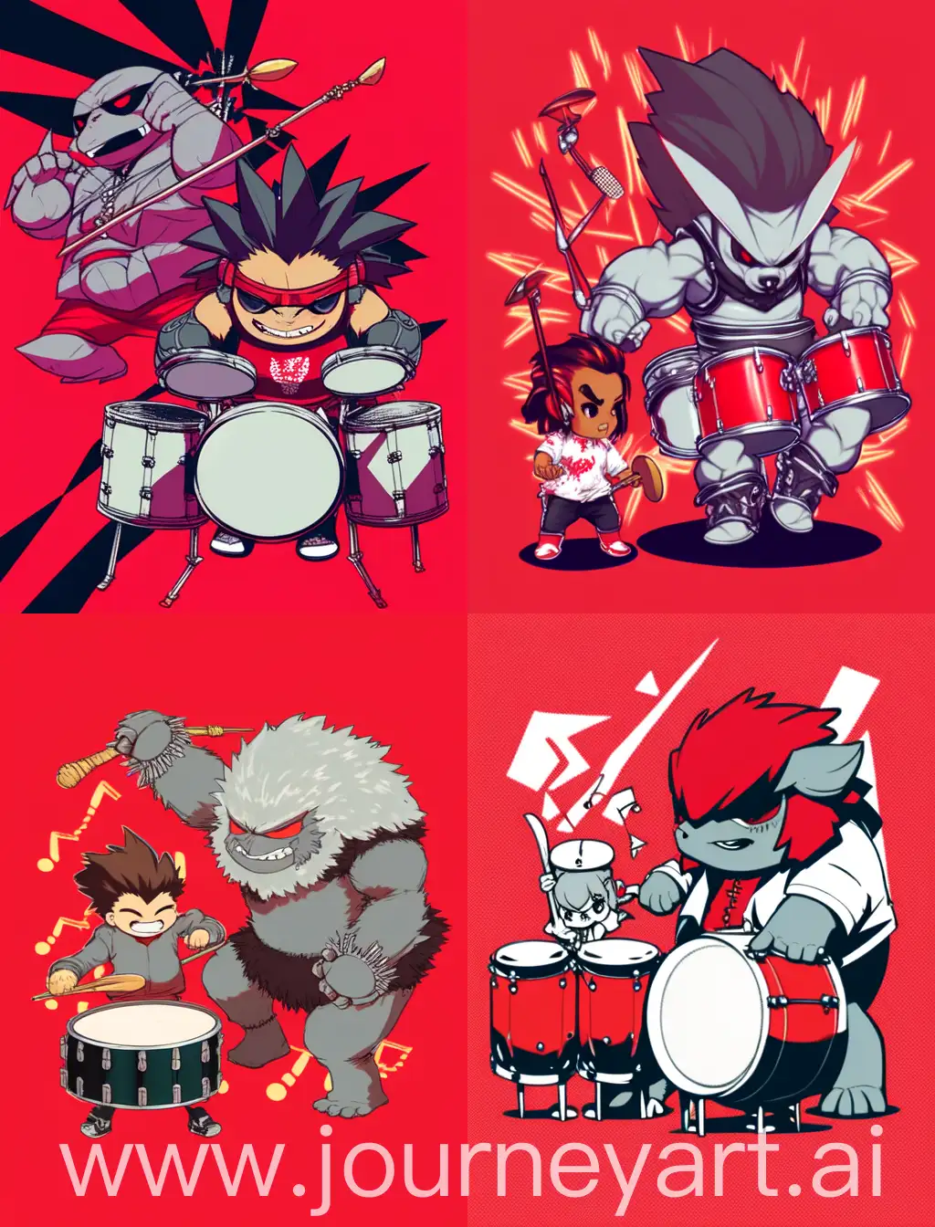 chibi gorilla and anime guy playing drums, with red solid background, 