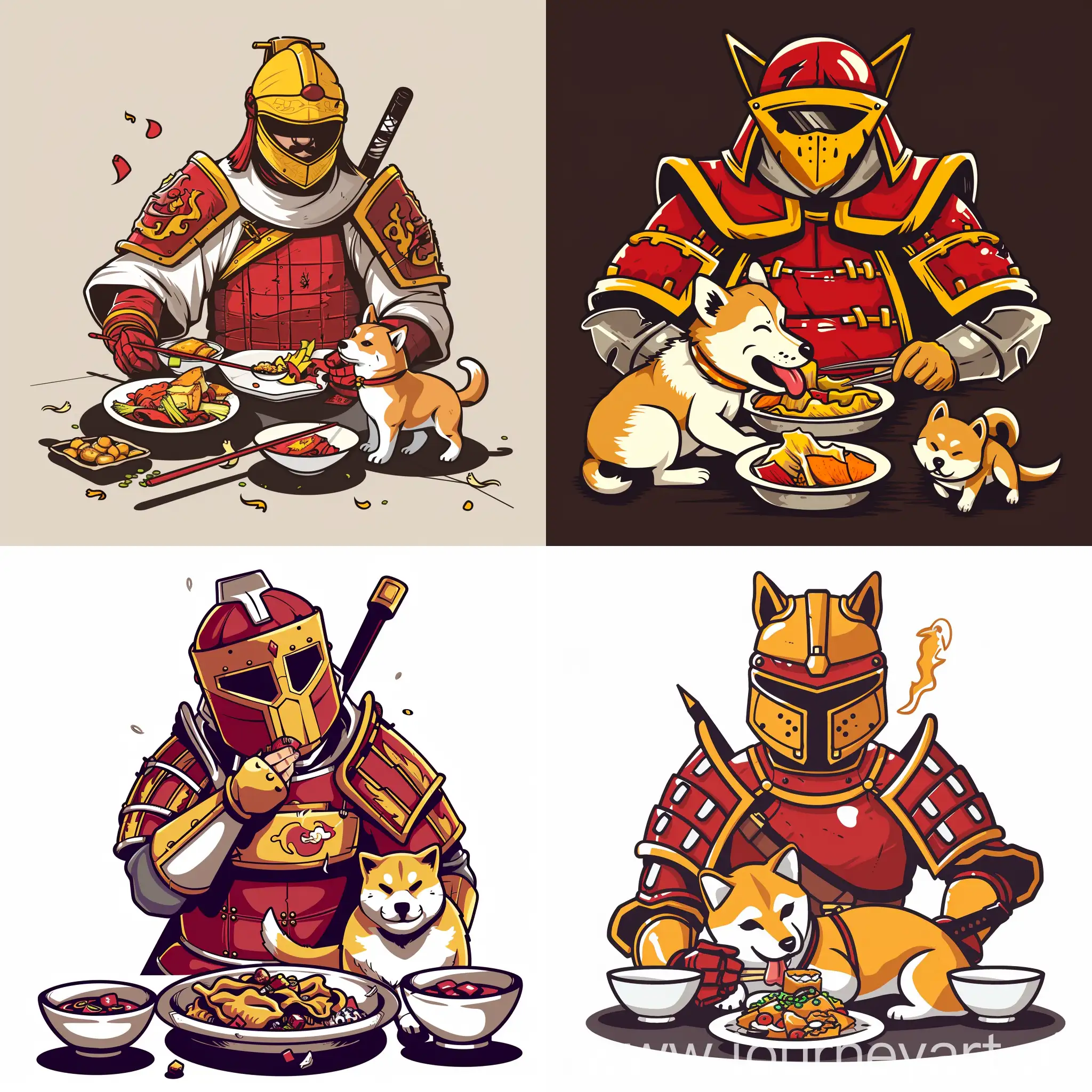 Cartoon. Colours: deep crimson, white and black. Medieval Chinese solider in red and yellow armour with visor helmet. He is eating chop suey and a shin inu dog.