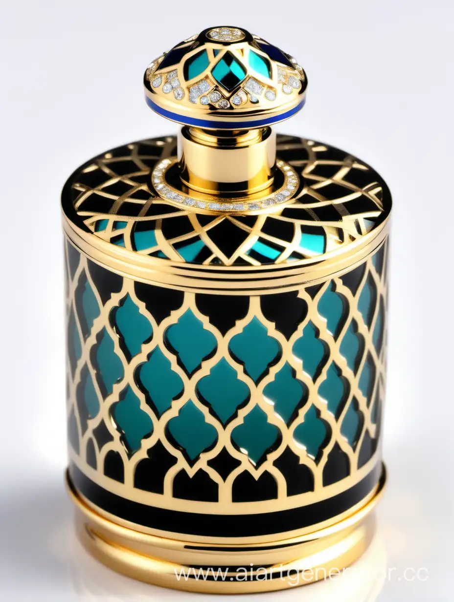 Luxury Plastic Perfume decorative ornamental long double height cap, gold color with black and dark green blue border line arabesque pattern round shaped metallizing finish with diamond on top