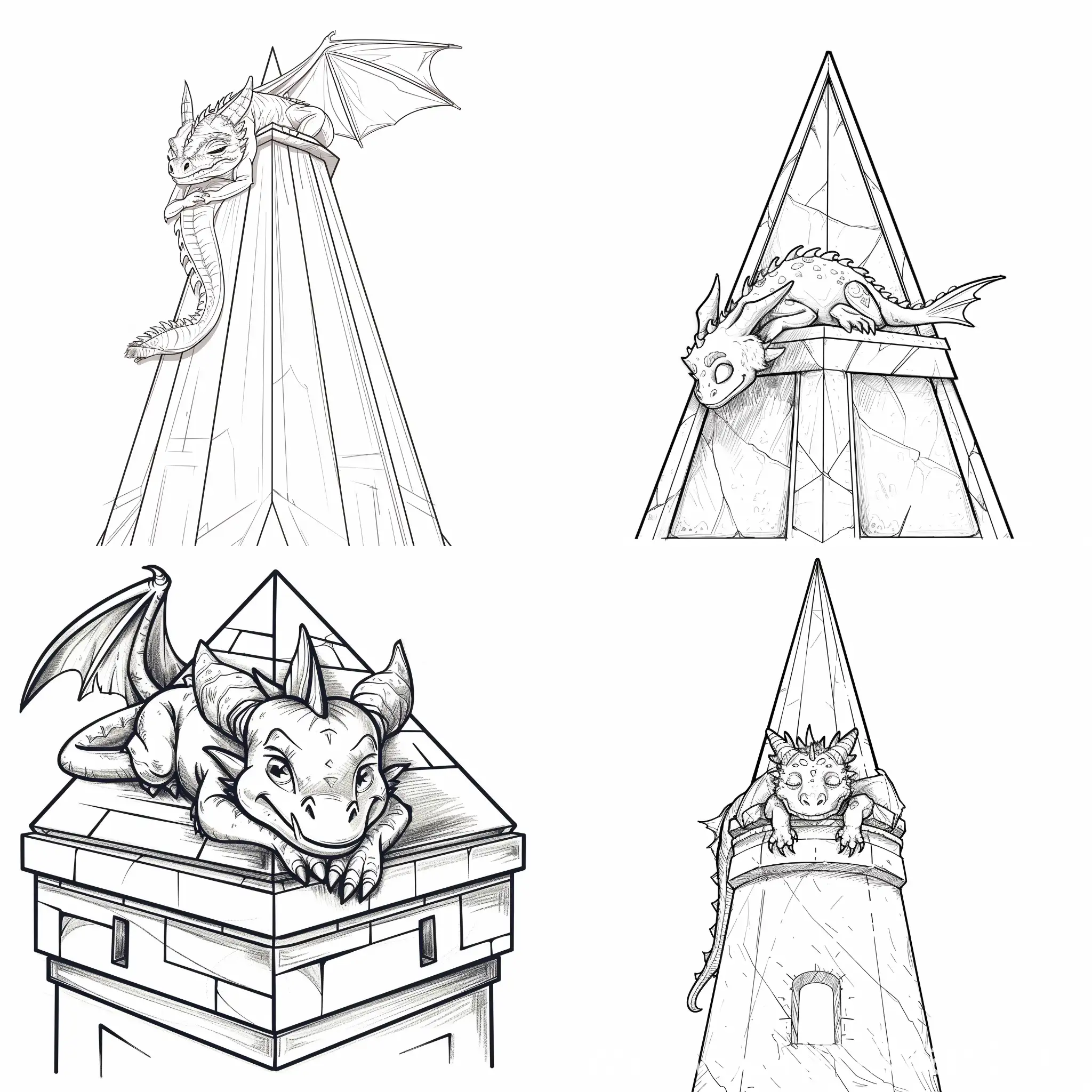 画一条可爱的龙趴在塔尖上，塔尖为三角形仰视视角，使用线条画风格
