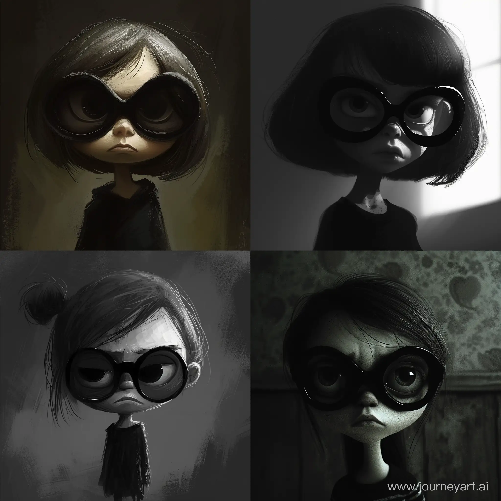 The girl is small and favors wearing dark colors, particularly black, in order to blend into the shadows. Her black glasses give off a foreboding impression, as they appear larger than her face. Though her appearance may come across as frail and vulnerable, there is a dark, brooding intensity hidden in her intense stare.