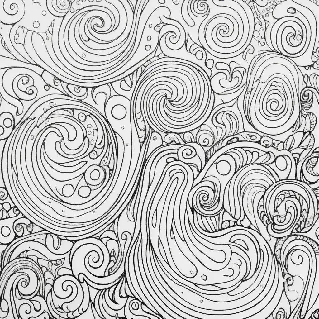 a modern realistic cartoon drawing style outlines coloring page of swirls , curves dots for e meditative experience, reducing stress and anxiety illustrated in mindful zen doodle ,low detail, no shading adult coloring page ar 9:11 
