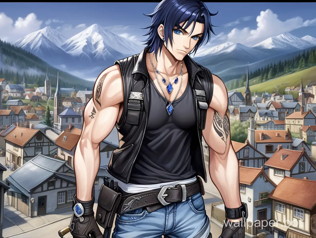 athletic,  adult male  dark blue middle  hair and eyes,  no deformed eyes, no deformed fingers, White sleevless vest, training at a town full body,  shoulder holster, , jeans with multiple belts, fingerless gloves, crystal Necklace,  Black shirt , no deformed weapons, missplaced objects,  ,   tattoo at the upper right  arm, no flying objects, Town sorounded by Mountains