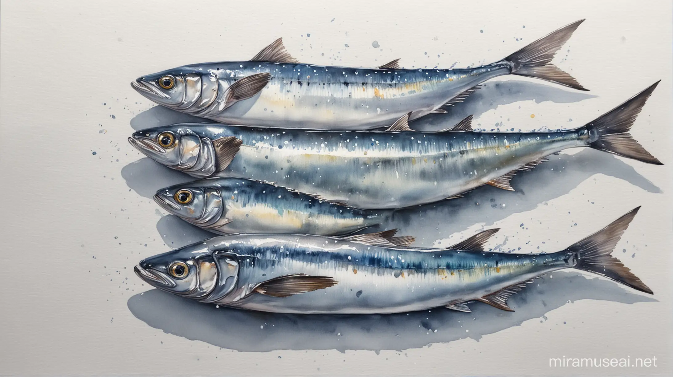 décris un tableau à l'aquarelle, avec comme sujet une sardine d'une brillance éclatante, capturant la lumière qui se reflète sur ses écailles argentées. 