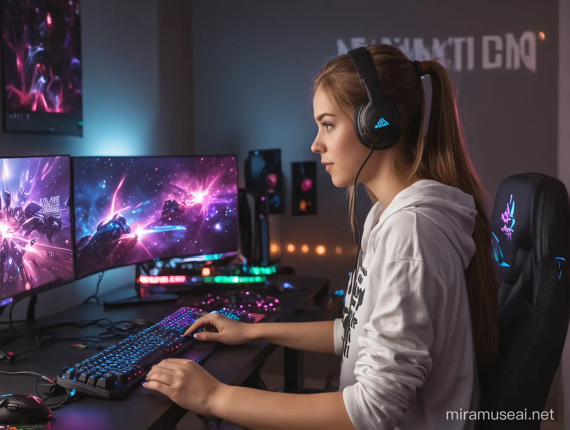 girl at PC gaming set up in a gaming room