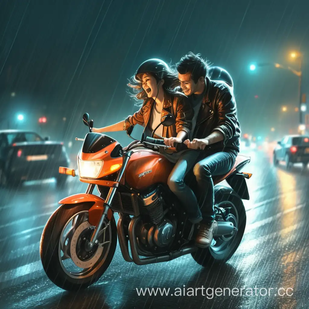 парочка на мотоцикле, едет быстро, ночь, дождь, авария