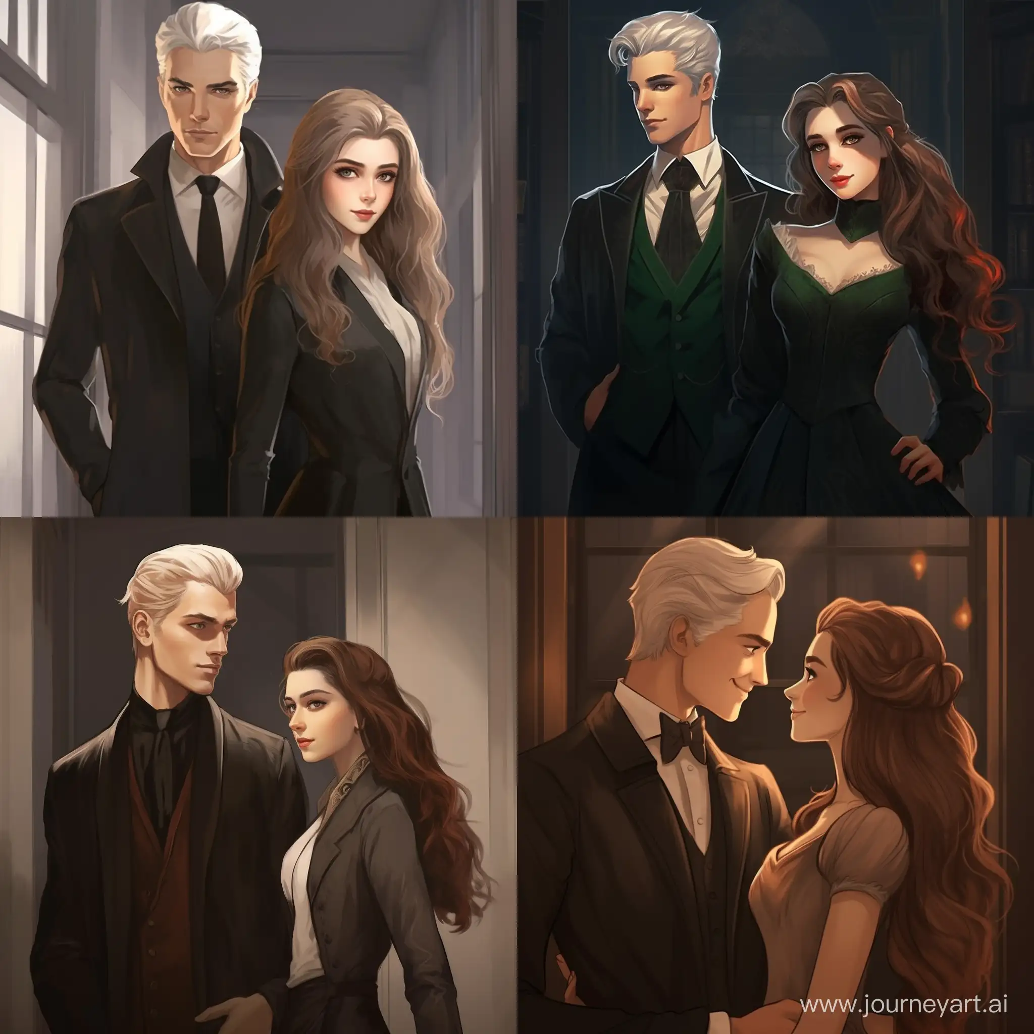 Draco Malfoy and Hermione Granger! Hermione is a brunette! They're in the hallway of Hogwarts! Hermione stands, and Draco walks away from her with a smile on his face