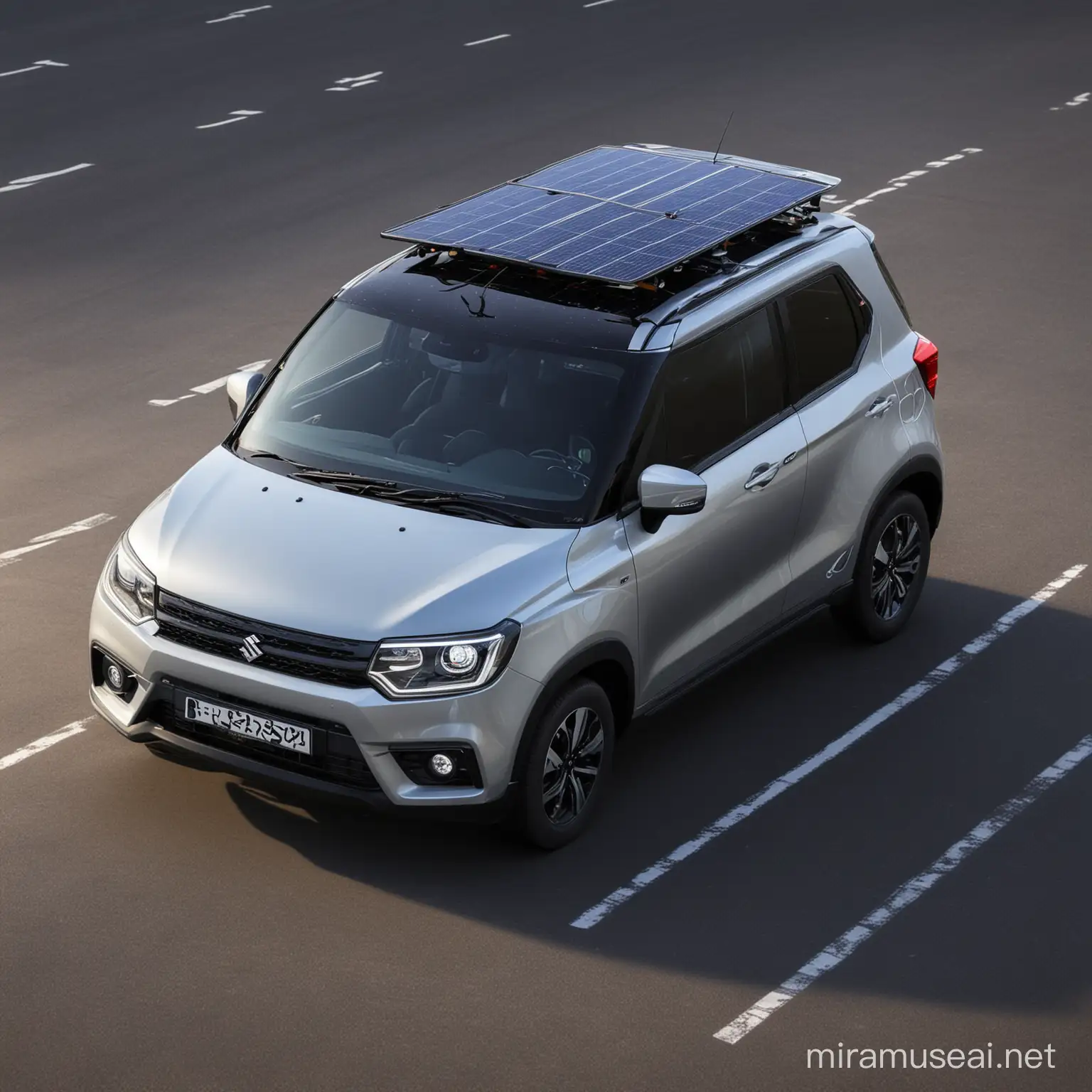create an image of Maruti Suzuki Brezza with LED Headlights, solar panel attached parallel to roof of the car, carbon fibre body, driverless interior, parked near a EV Charging station