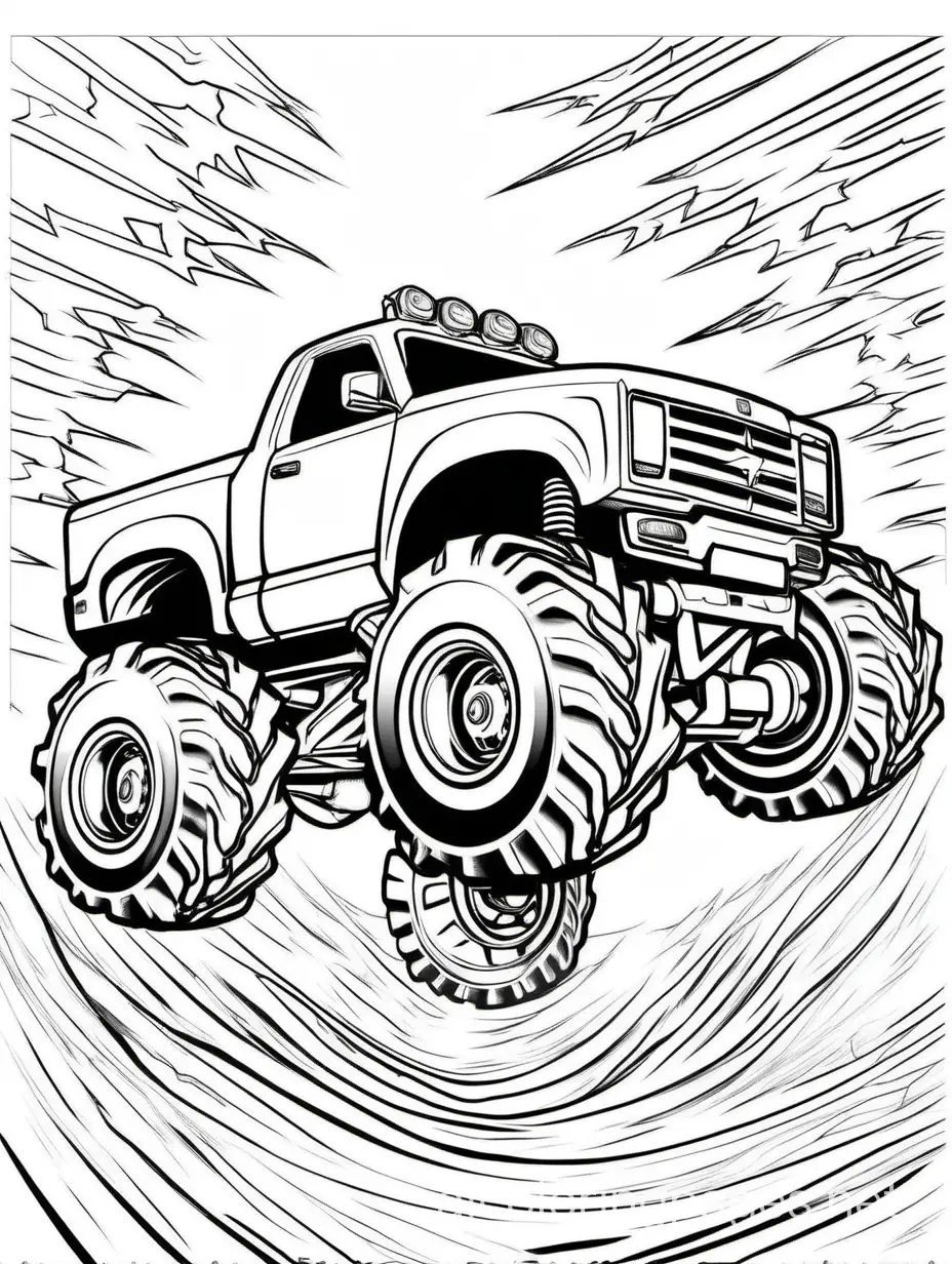 Thunderbolt: Create a lightning-themed monster truck, with bolts of electricity crackling across its body as it speeds along., Coloring Page, black and white, line art, white background, Simplicity, Ample White Space. The background of the coloring page is plain white to make it easy for young children to color within the lines. The outlines of all the subjects are easy to distinguish, making it simple for kids to color without too much difficulty