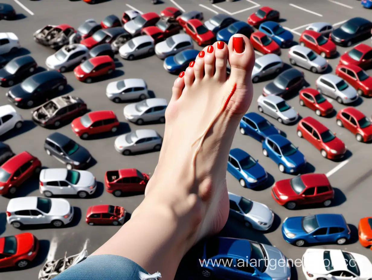 ultra realistic photo of a busy parking lot, a gigantic colossal woman's foot with red nails is standing on a super tiny parking lot, a lot of extremely tiny cars are wrecked and crushed under the foot and toes, foot is on the cars, cars are wrecked, destroyed and stuck to the foot