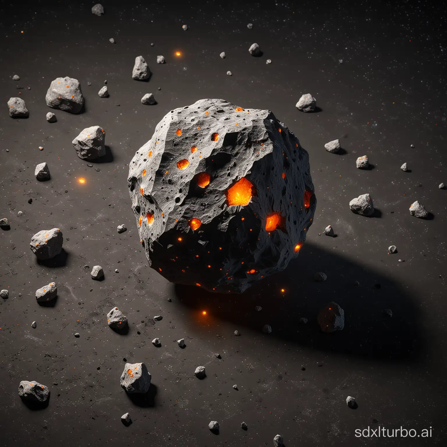 a isometric super realistic asteroid with glowing orange crsytals on surface
