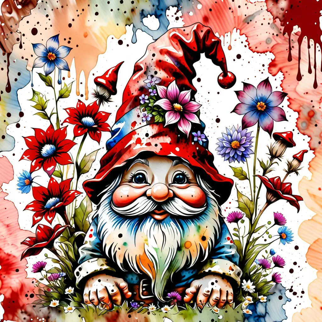 Whimsical Watercolor Garden Gnome with Red Hat on Pastel Splatter Background Amidst Flowers