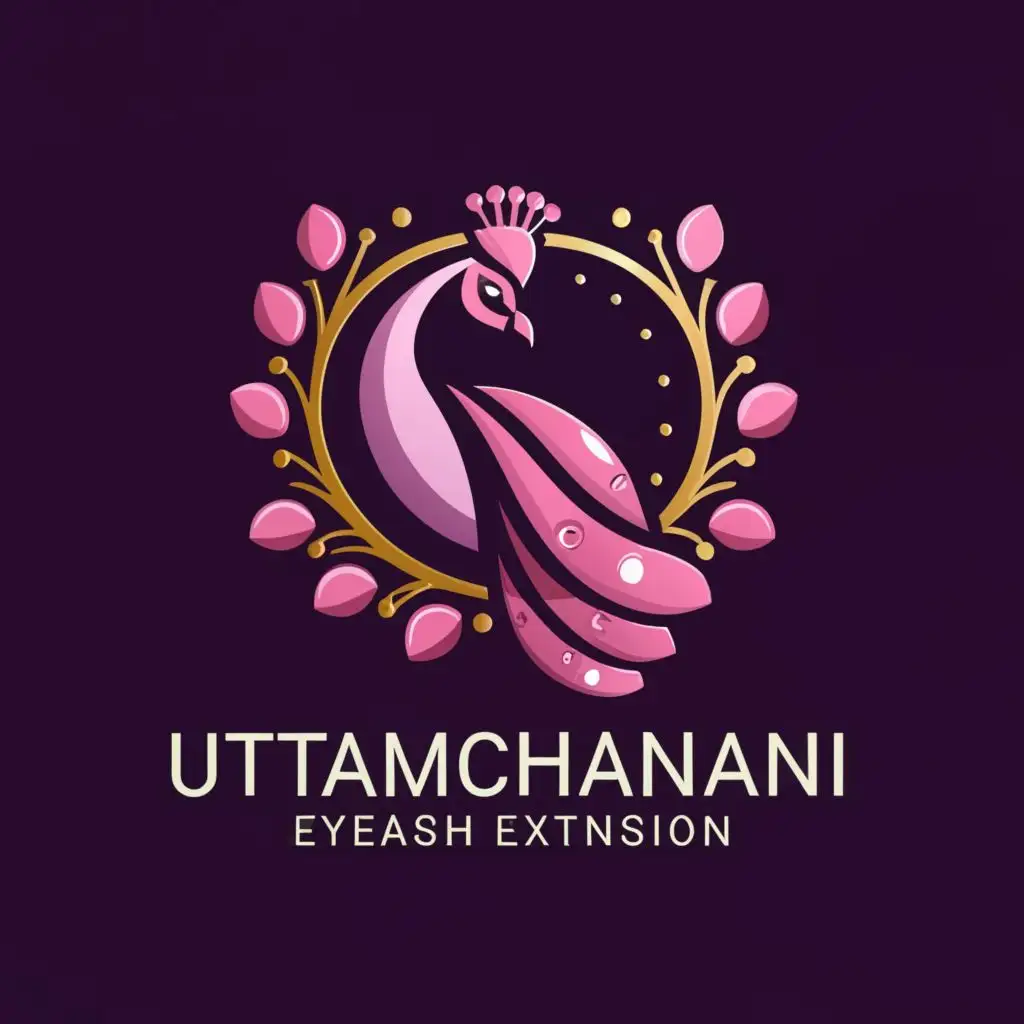 logo, Peacock vector, eyelash, pink violet color of logo, name inside logo symbol, with the text "Uttamchandani Eyelash Extension", typography