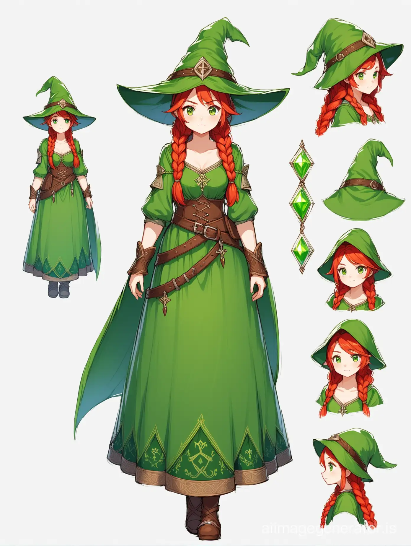 white background, 2D anime style, top-quality, character design, concept art, 1girl, fluffy red two braids, green eyes, fantasy medieval, fullbody, Slavic dress, green witch hat, skirt, genshin character, boyish features