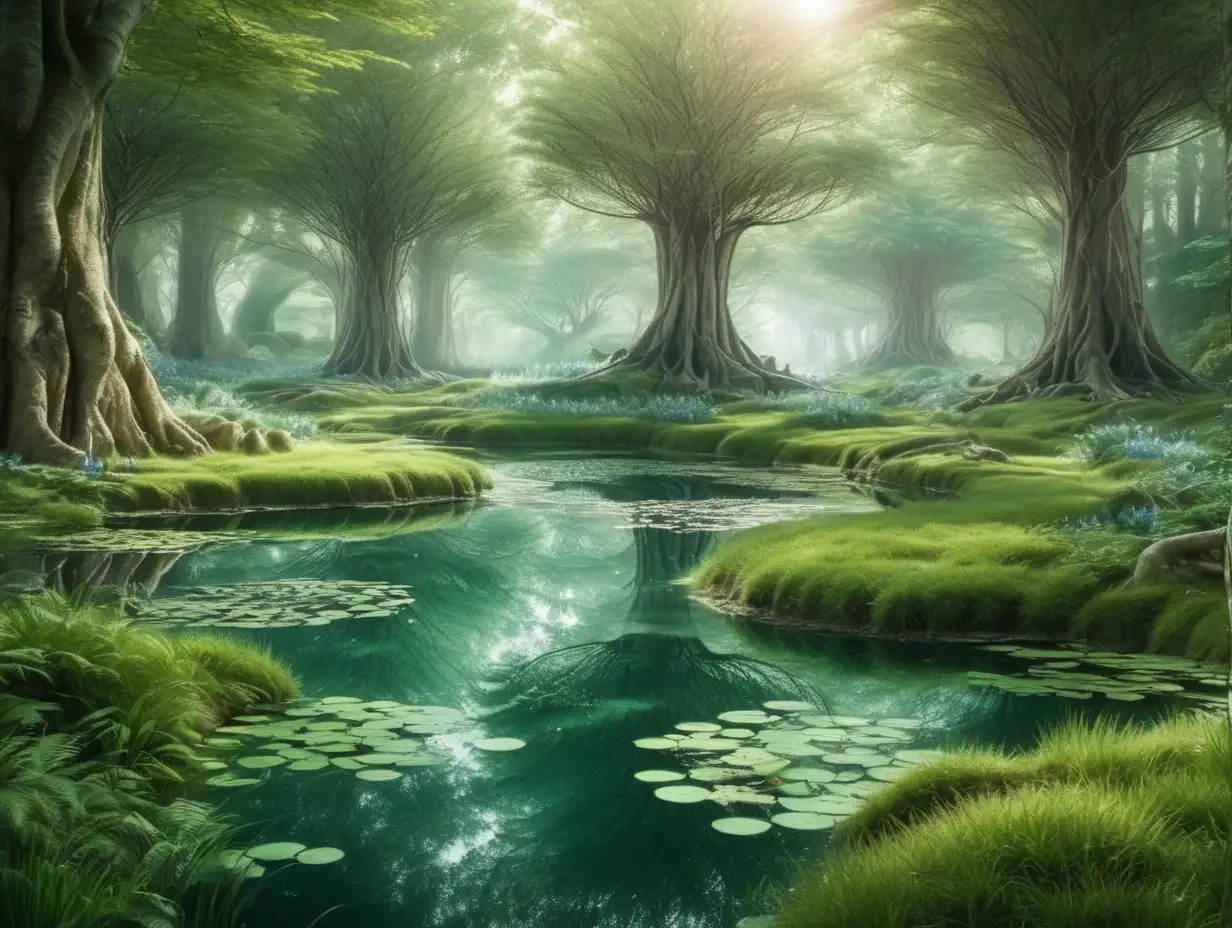 Forest with a pond in the middle. Fantasy, beautiful