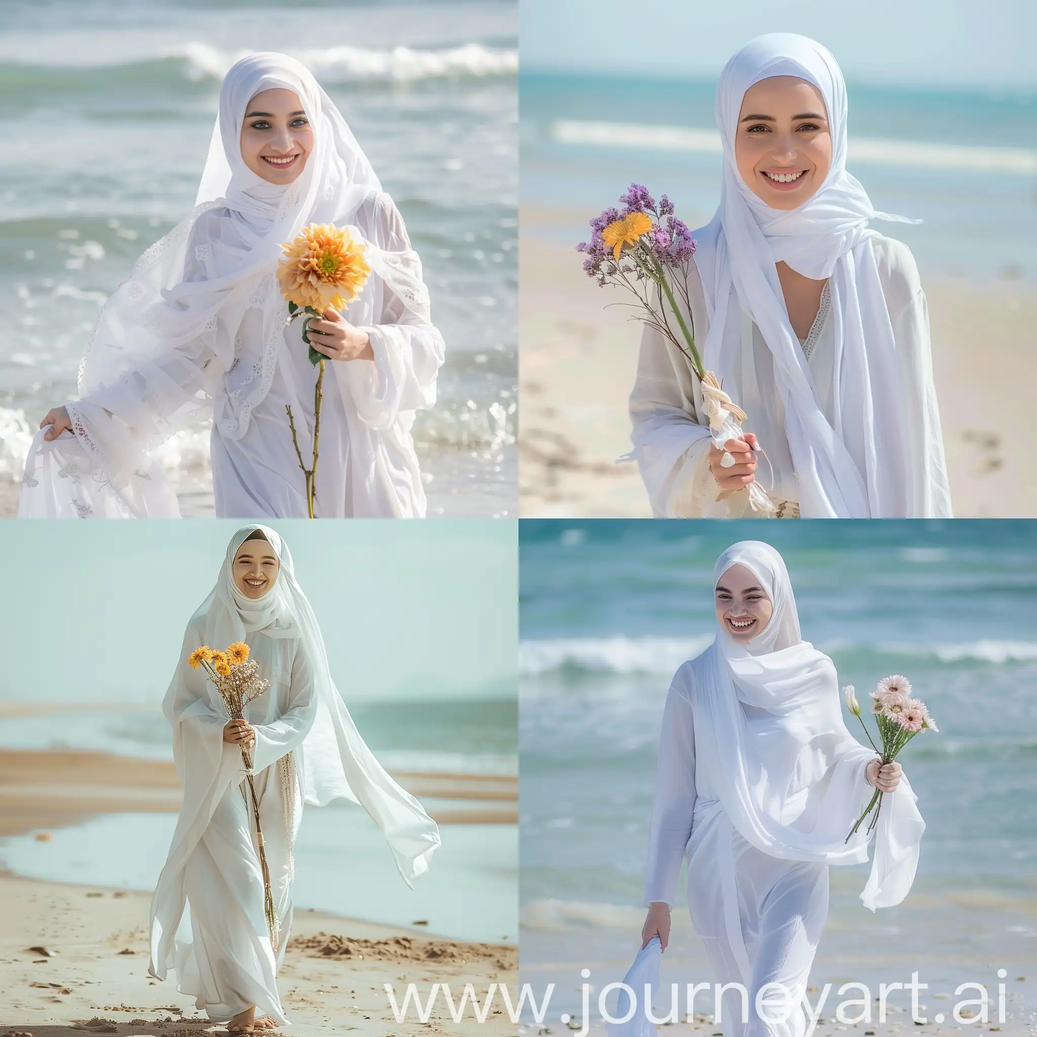 A beautiful muslim women holding flower walk through the beach with smile on her face wearing white clothes