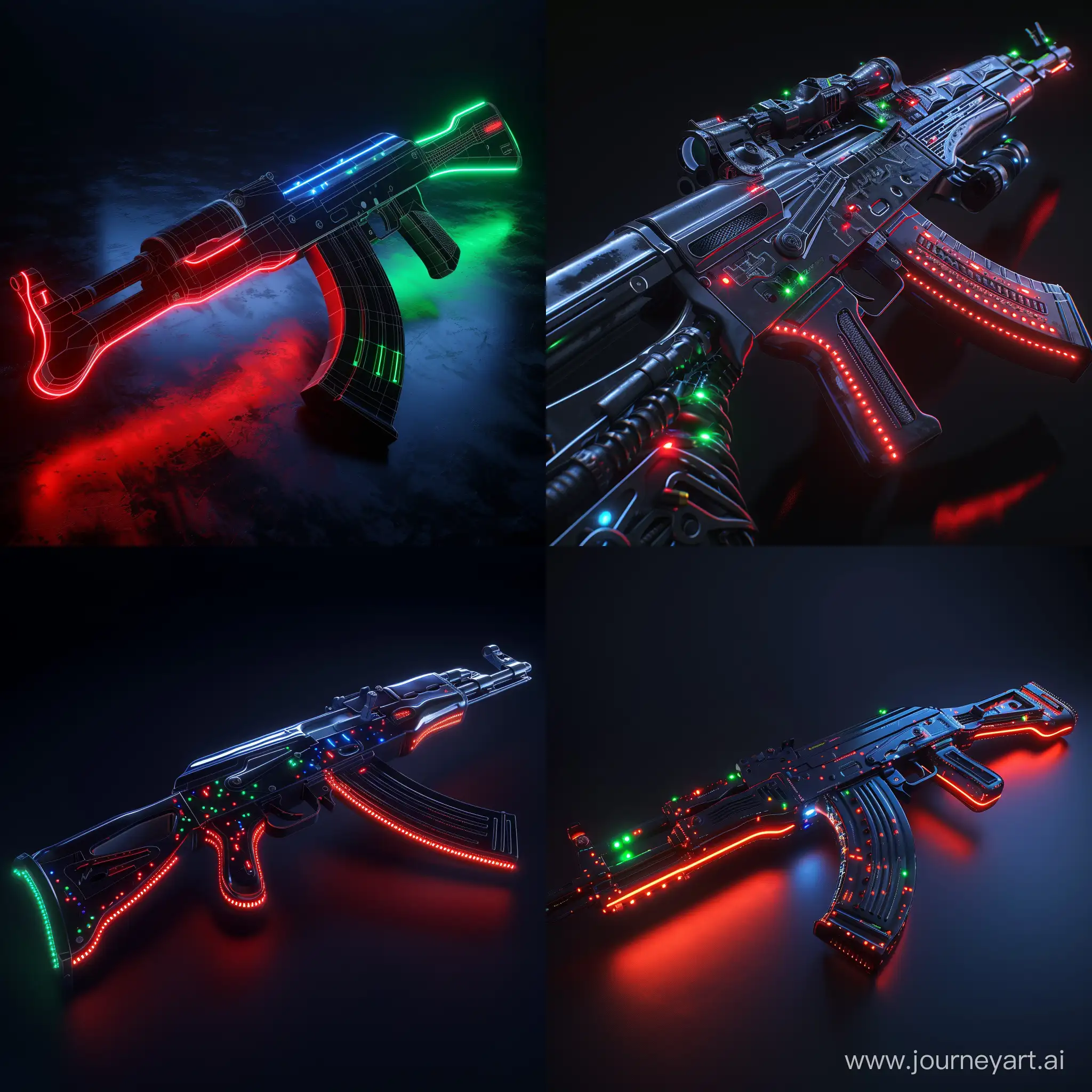 Futuristic AK-47, octane render, red LEDs, green LEDs, blue LEDs, LED strips