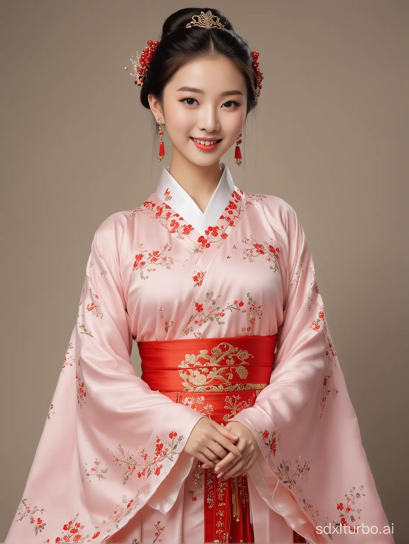 A very beautiful girl from China, 18 years old, princess, crested official gown, Chinese style, Tang Dynasty,full body, faint blush, red lips, exquisite earrings, smile, red Hanfu, facing the camera, full-body lens, full-body photo, the best quality