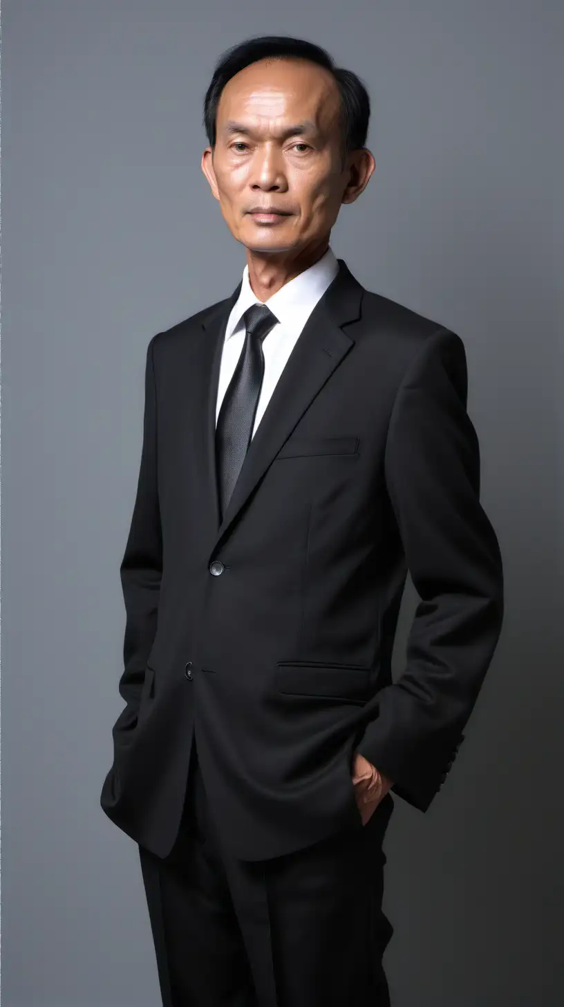 a 60 year old south east asian man with skinny figure, black short thin sleek hair, full face big forehead, wearing suit and black pants. facing right side view