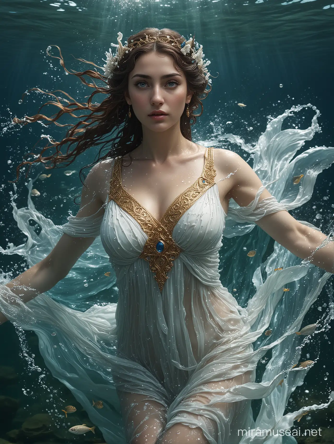 A masterpieced of Kimiya Hosseini as Leucothea, Greek goddess of the sea. She is under the sea, and her Greek dress flows ethereally in the water until it mixes with the water until it disappears. She has has blue eyes. Realistic photo.