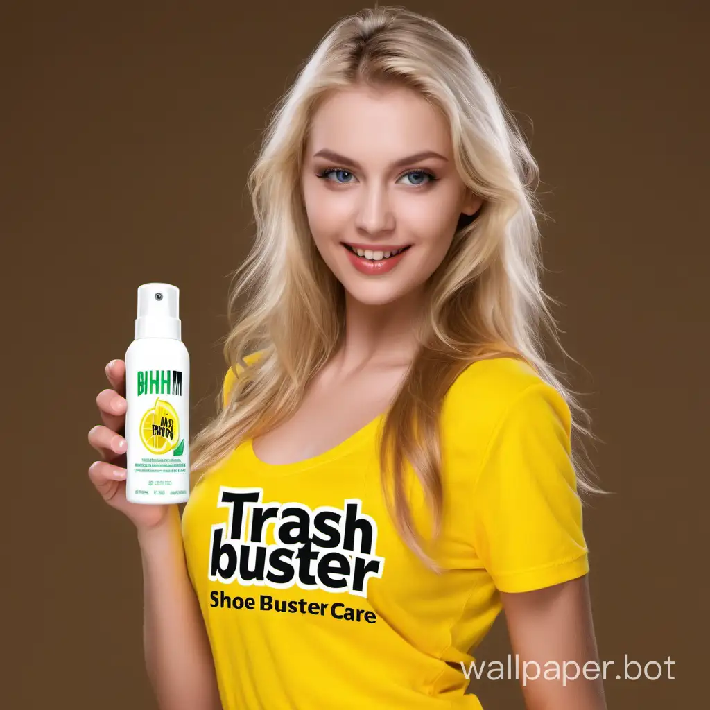 Красивая сексуальная блондинка, рекламирует средство дезодорант для ухода за обувью TRASH BUSTER спрей 100 мл. с запахов Лимона , на одежде логотип BIOHIM
