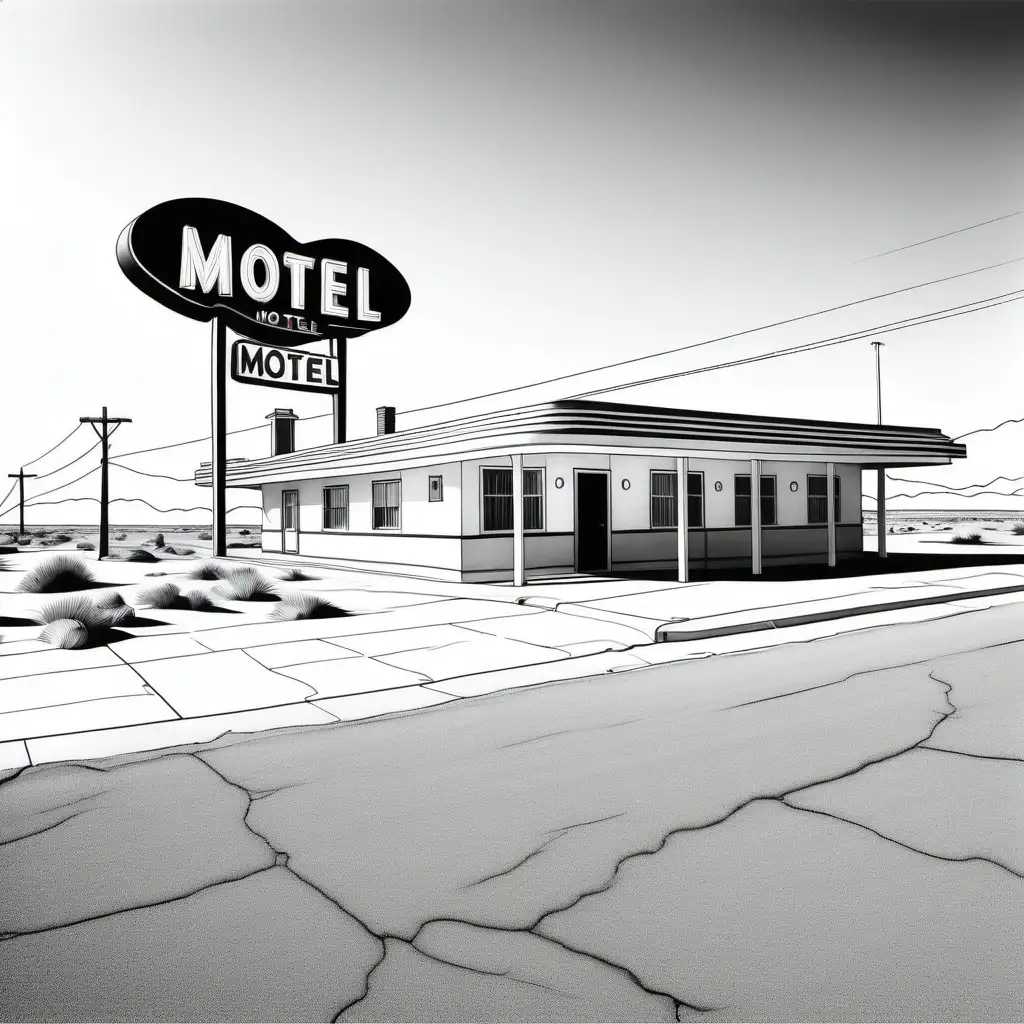 a simple black and white coloring book outline of single story 1930s motel on desolate road, for coloring